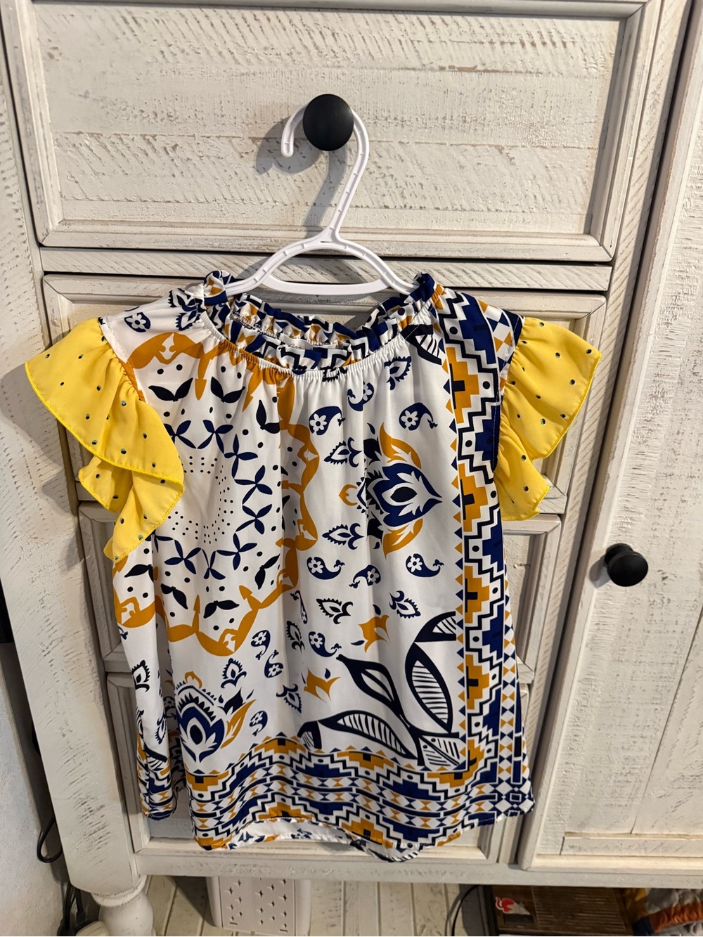 Ces Femme White Navy & Yellow Floral Ruffle Sleeve Blouse